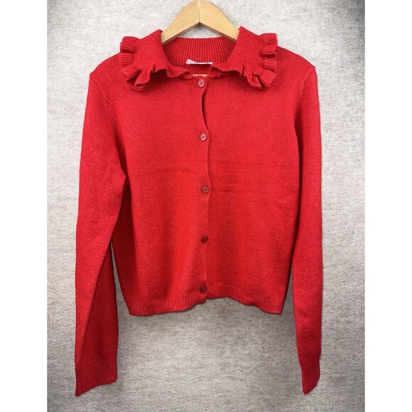 Double Zero Sweaters - Double Zero Women’s Size Medium Full Button Red Cardigan With Frill Collar